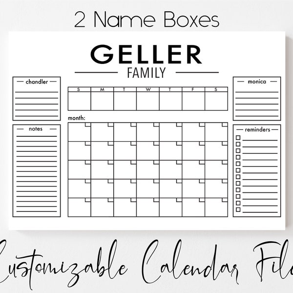 Calendrier mensuel familial personnalisable (2 noms) - Fichier de coupe - SVG & PNG