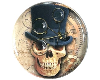 Steampunk Skull Button pin, Magnet, keyring, zipper pull, mirror or more, various sizes