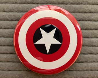 Captain America 2.25"  button pin, magnet, pocket mirror, bottle opener ornament, stocking stuffer, coworker gift