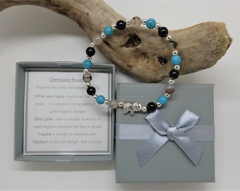 Exam support gift with message card. A Levels, GCSEs, University, SATs. Anxiety relief bracelet gift. Symbolic gemstones Positive energy.