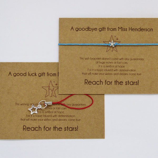 Goodbye good luck gifts from teacher to students pupils. Personalised wish bracelets or star charms. Exams End of term Favours girls & boys