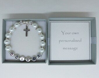 Personalised 1st Confession, First Holy Communion, First Reconciliation bracelet gift. Cross or angel charm. Also Confirmation Christening.