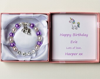 Personalized Unicorn Bracelet, Pearl Beaded Name Bracelet, Birthday Gift