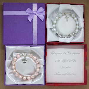 First Confession, First Reconciliation, First Holy Communion bracelet gift, present. Cross or angel charm. Also Confirmation Christening.