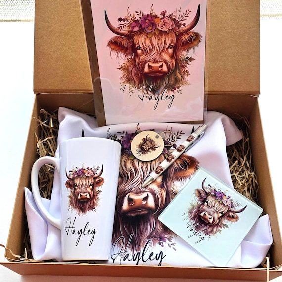 Personalised Highland Cow Gift Set – Custom Name Mug, Tote Bag, Coaster & More | Cow Lover Gift Box for Her