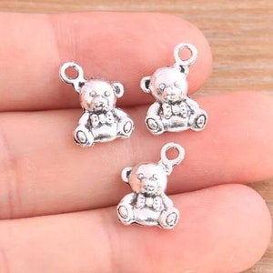 CUTE Tiny Teddy Bear Charms Teddy Bear Pendant Double Sided Bear Silver Statement Charm Jewelry Making DIY Jewelry 10mm x 15mm