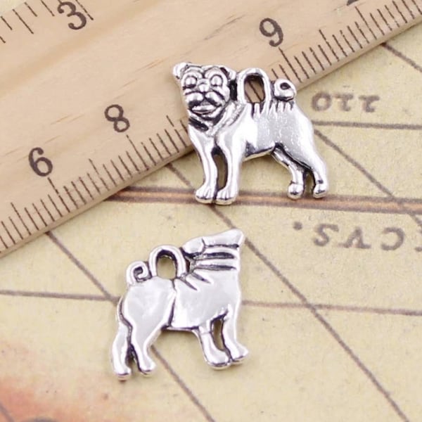 Lot of 4 Dog Charms Pug Charms Animal Charms Pet Charms DIY Jewelry Making Silver Charms Jewelry charm Findings 16x 15mm