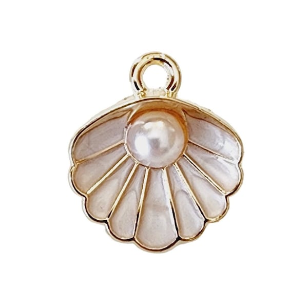 WHITE Oyster Charms Enamel Charms Gold Oyster Shell Charms Oyster Seashell Charms Pearl Charms Beach Charms Nautical Charm 14mm x 16mm