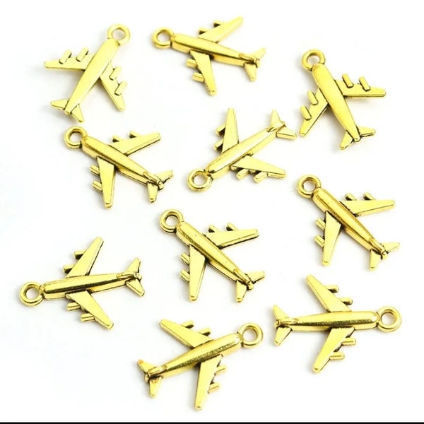 10 Gold Plane Charms Jet Charm Airplane Charms Aviation Charms Flying Charms Antiqued Gold Plane Charms Appx 20.9mm x 16.9mm Lot of 10