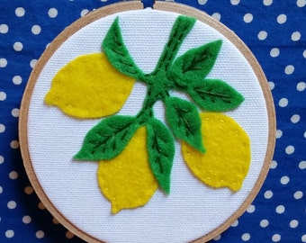 Lemon Wall Hanging. Handmade Fruit Kitchen Decor in Embroidery Hoop