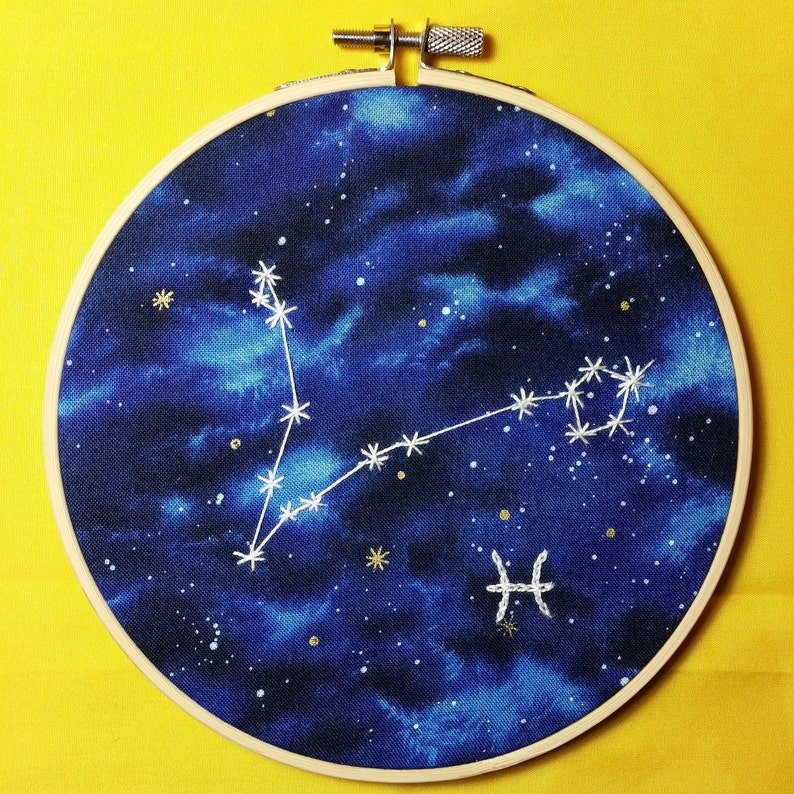 Zodiac Sign Embroidery. Constellation Art, Aires Taurus Gemini Cancer Leo Virgo Libra Scorpio Sagittarious Capricorn Aquarious & Pisces image 1