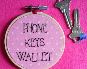 Phone Keys Wallet Hand Embroidered Wall Hanging Reminder