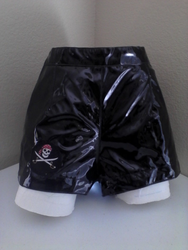 Black pleather shorts with a pirate patch image 4