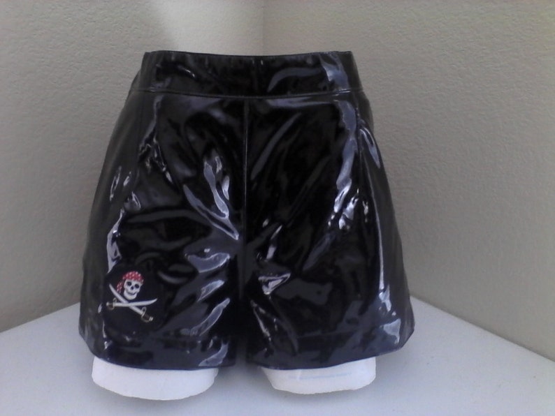 Black pleather shorts with a pirate patch image 2