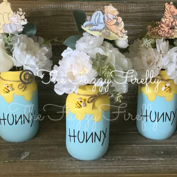 Pooh bear Honey Pot mason jar QUART SET centerpiece,Hunny pot decor,Bumble Bee baby shower,Mommy to bee baby shower centerpiece,baby bee