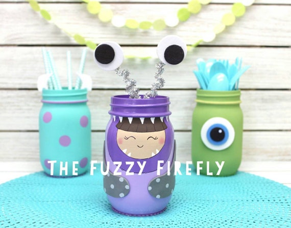 Set Of Monster Inc Inspired Party Mason Jar Centerpieces Mason Jar Room Decor Monster Baby Shower Decor Utensil Holder Monster Party