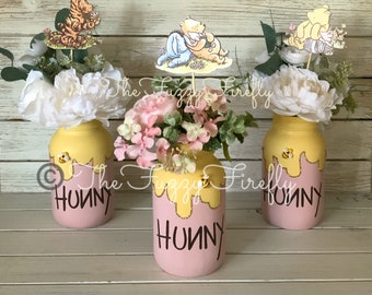 Winnie the Pooh Honey Pot mason jar QUART SET centerpiece,Hunny pot decor,Bumble Bee baby shower,Mommy to bee baby shower centerpiece