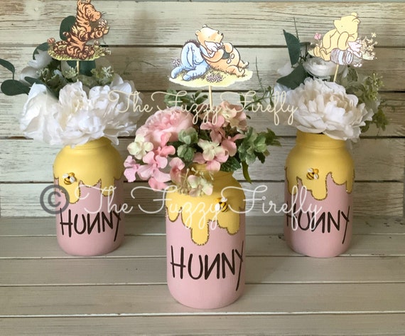 Winnie the Pooh Honey Pot mason jar QUART SET centerpiece,Hunny pot decor,Bumble Bee baby shower,Mommy to bee baby shower centerpiece