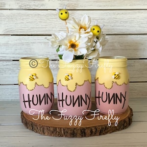 Honey Pot mason jar PINT SET centerpiece,Hunny pot decor,Pink hunny pot,Bumble Bee baby shower,Mommy to bee baby shower centerpiece,baby bee