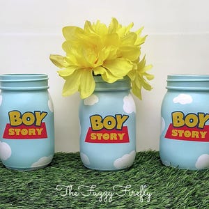 Boy Story Mason Jar Centerpiece: Hand-Painted Party DecorBoy Story baby shower
