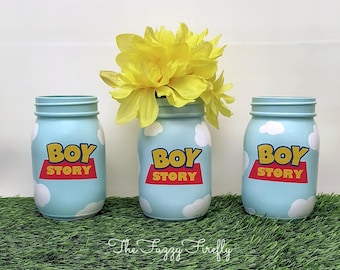 Pièce maîtresse dans un pot Mason Boy Story : Décoration de fête Boy Story au format PINTE