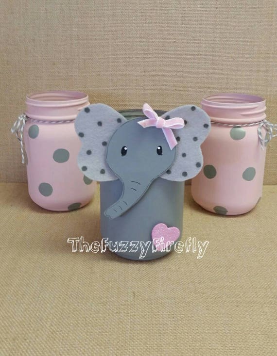 Original Design Set Of Elephant Pink Grey Mason Jar Etsy