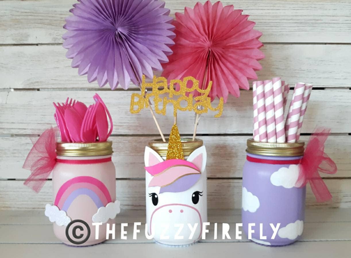 Centros de mesa de unicornio en frascos de vidrio: decoración de fiesta  arcoíris, juego de 3 - Etsy México, image size:1222x897
