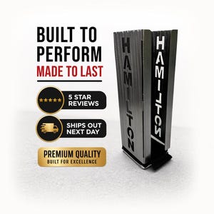 May include: A silver metal product with the text "HAMILTON" on the side. The product is rectangular and has a black base. The image also includes text that says "BUILT TO PERFORM, MADE TO LAST, PREMIUM QUALITY, and 5 STAR REVIEWS."