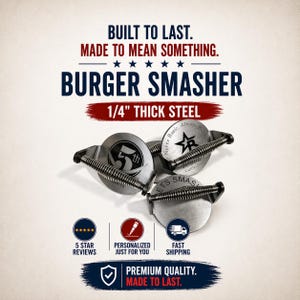 May include: A set of four stainless steel burger smashers with spring handles. Each smasher is round with a different logo. The text "BURGER SMASHER" and "1/4" THICK STEEL" are displayed above the smashers. The image also includes icons for reviews, personalization, and shipping.