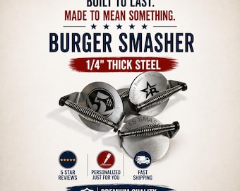 May include: A set of four stainless steel burger smashers with spring handles. Each smasher is round with a different logo. The text "BURGER SMASHER" and "1/4" THICK STEEL" are displayed above the smashers. The image also includes icons for reviews, personalization, and shipping.
