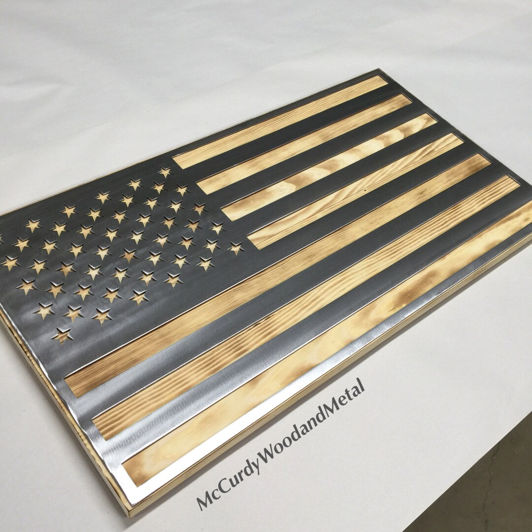 Rustic Metal Flag Wall Art on Burnt Wood Handcrafted Americana Decor Etsy