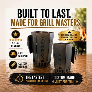 May include: Two dark metal BBQ smoker boxes with the text "BUBBAS BBQ" and "BUILT TO LAST. MADE FOR GRILL MASTERS." The image also includes text that says "5 STAR REVIEWS", "FAST SHIPPING", and "CUSTOM DESIGNS".