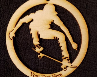 May include: A wooden ornament featuring a silhouette of a person skateboarding. The ornament is round and has a hole at the top for hanging. The text "Your Text Here" is engraved at the bottom.