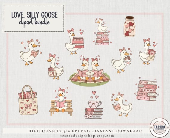 Silly Goose Clip Art PNG |Valentine Goose Clipart |Bookish Animal Library |Teacher Classroom Decor |Cute Reading Goose Stickers Sublimation