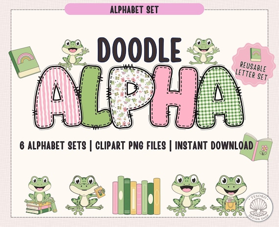 Doodle Letters PNG |Books & Frogs PNG Clipart | Reading Bulletin Board Letters for Teacher |Printable Pattern Alphabet Letters Clip Art