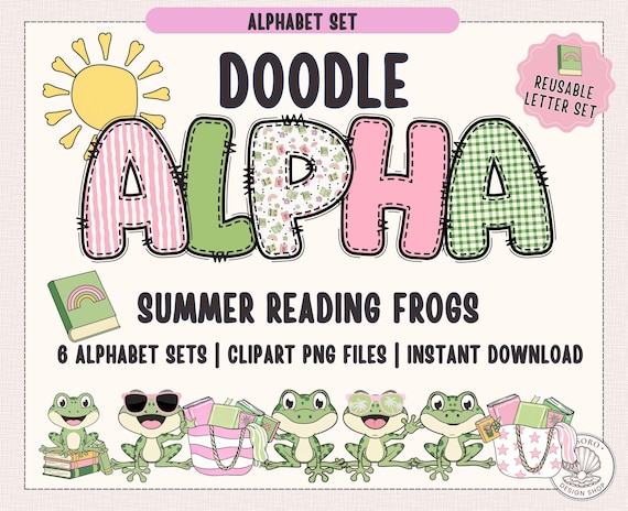 Doodle Letters PNG |Books & Frogs PNG Clipart | Reading Bulletin Board Letters for Teacher |Printable Pattern Alphabet Letters Clip Art
