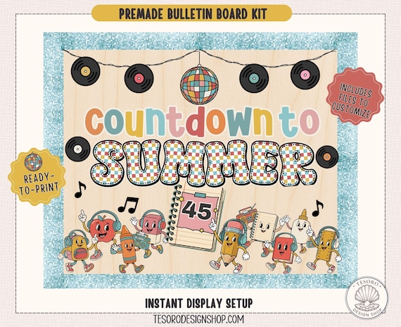 Summer Countdown Bulletin Board Kit| Printable Teacher End of Year Classroom Countdown Display| Retro June Class Display| Doodle Alphabet