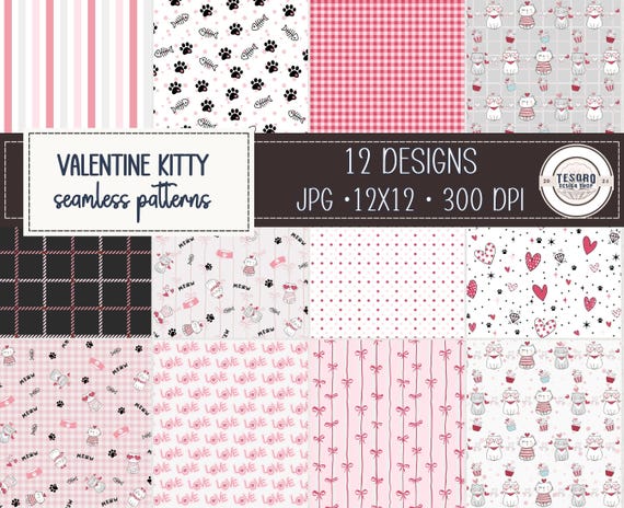 Valentine Cat Seamless Pattern Background |Cute 12x12 JPEG Digital Paper |Craft Repeating Design Set | February Preppy Kitty Pink Heart Bows