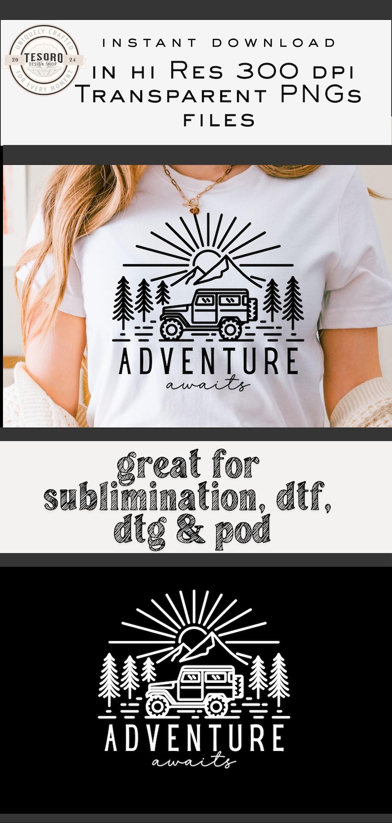 May include: White t-shirt with a black graphic of a jeep, trees, sun, and the words "ADVENTURE awaits." The design is suitable for sublimation, DTF, DTG, and POD printing.