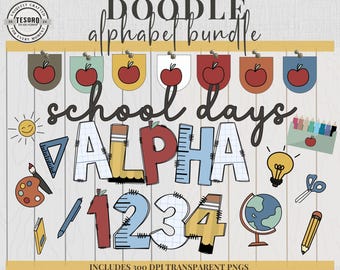 School Doodle Alphabet Bundle |Teacher Alphabet PNGs |Classroom Clip Art Set |Back to School Printable Letters for Cricut |Class Door Decor