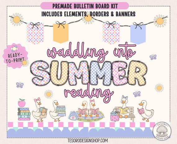 Summer Reading Bulletin Board Printable |Doodle Letters PNG |Library Classroom Decor |Books Theme Board Kit |June Pastel Checker Alpha  |