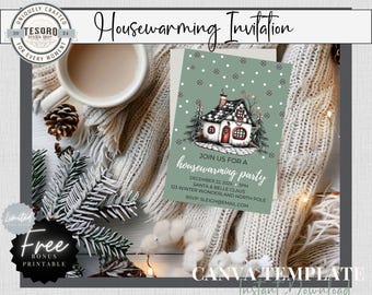 Canva Template Editable Invitation Winter Housewarming Party Instant Download Canva Digital Card for House warming Celebration for New Home