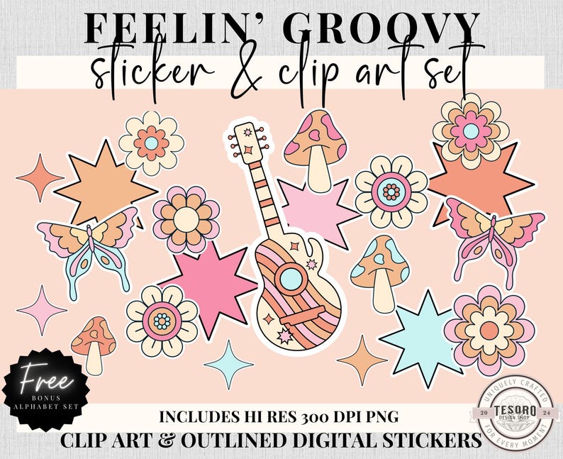 Retro Doodle Clip Art PNG |groovy 70s Retro Clipart | Digital Planner ...