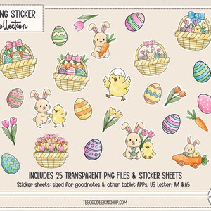 May include: A collection of spring-themed stickers featuring Easter eggs, bunnies, chicks, carrots, and flower baskets. The stickers are in various colors, including pink, blue, yellow, and green. The text "SPRING STICKER collection" is at the top.