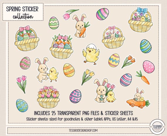 Spring Sticker Sheet | Easter Planner Stickers PNG | Bunny Egg Carrot Patch Digital Stickers for GoodNotes, Journaling, Printable Planner