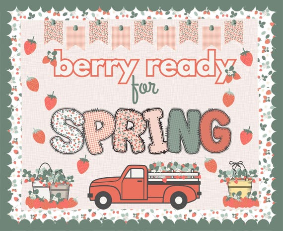 Spring Bulletin Board |Berry Flowers Classroom Decor |Strawberry Flower Display for Teachers | Doodle Alphabet Letters PNG