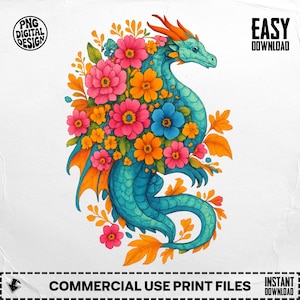 Floral Dragon Png, Dragon Clipart, Flower Dragon, Sublimation Png, Cute Dragon Png, Digital Download, Digital, Illustration