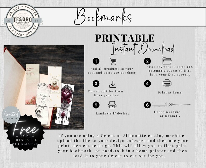 Gothic Romance Bookmark Printable | Custom bookmarks Romantasy Dark Academia | Aesthetic bookmark | Butterfly Bookmark | Dark Romance PNG image 5