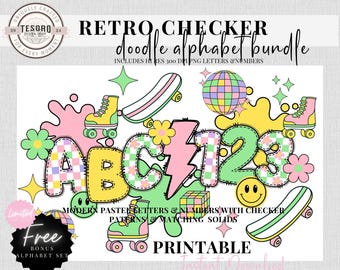 Checker Doodle Alphabet Bundle PNG | Pastel Pink Checker & Daisy Letters | Retro Clipart | Sublimination | Teacher PNG School Bulletin Board