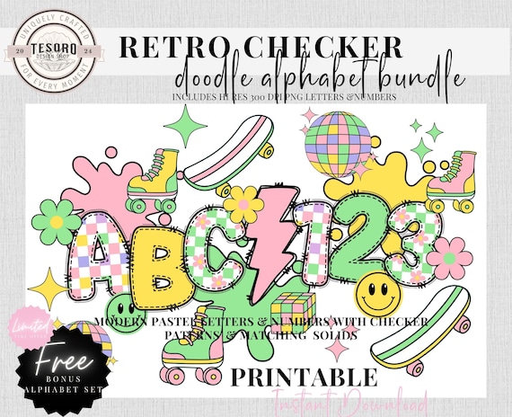 Checker Doodle Alphabet Bundle PNG | Pastel Pink Checker & Daisy Letters | Retro Clipart | Sublimination | Teacher PNG School Bulletin Board